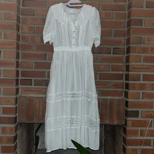 Tokya white linen cotton blend prairie dress small button front mild staining